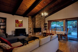 Smart TV, fireplace, toys, books