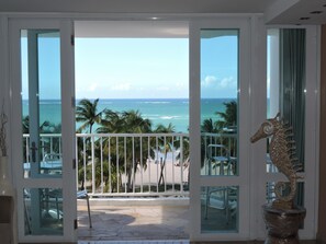 A balcony with a view of the ocean and palm trees.
