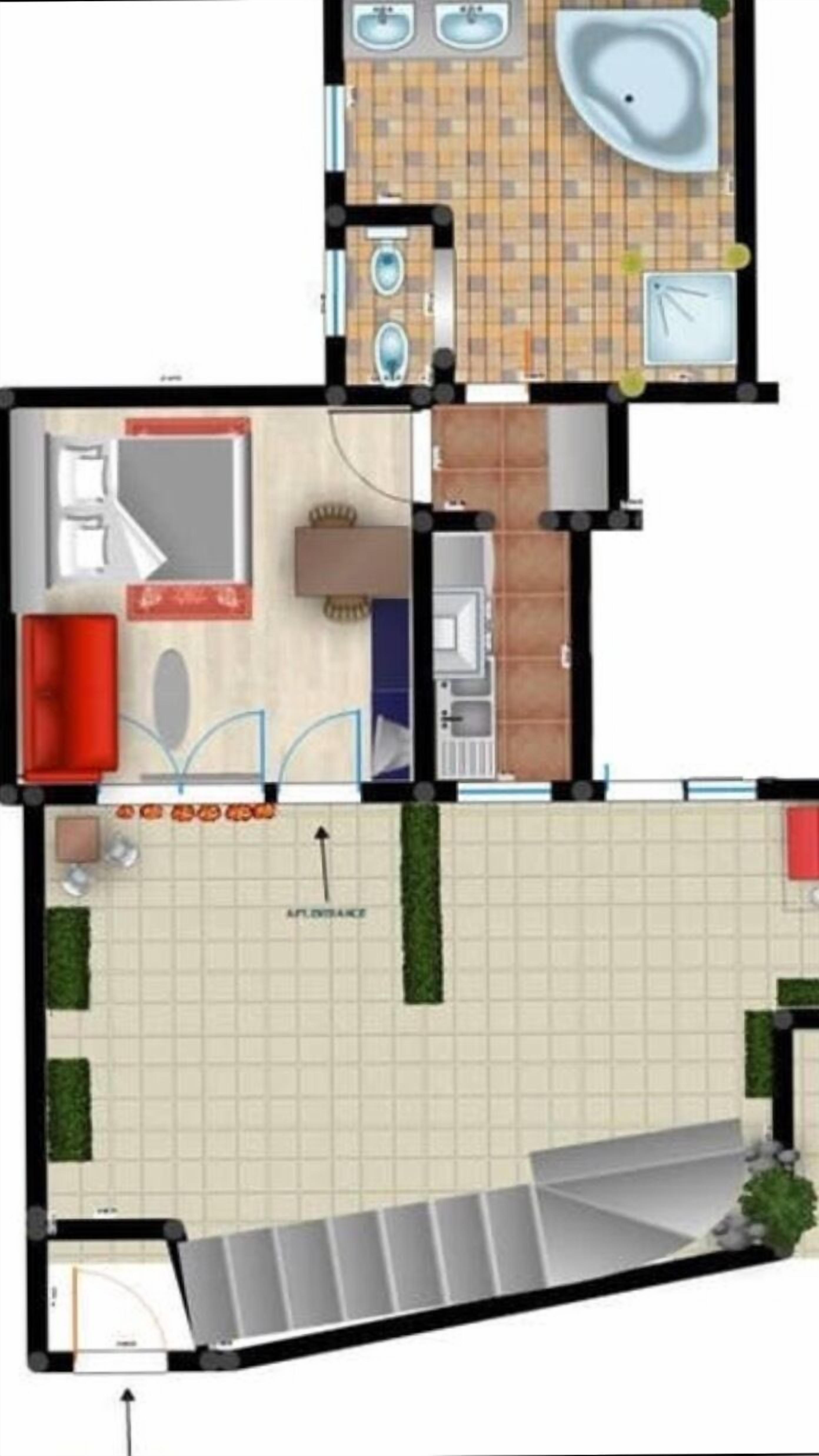 Un plan d’étage d’une chambre d’hôtel comprenant une salle de bain, un coin salon avec un canapé, une table à manger et un petit coin cuisine.