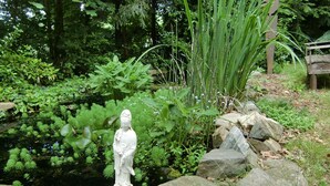 A serene garden with a statue, lush greenery, and a small pond. - Sweet Cabin in the Woods -10 min to Ashvl., Quiet, BEES , Garden & DECK. Dogs Ok (Asheville)