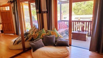 TV connectée, cheminée, lecteur de DVD, livres