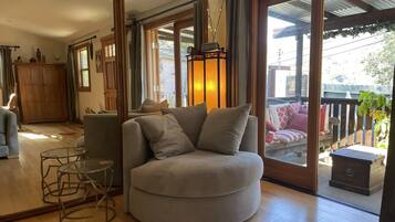 TV connectée, cheminée, lecteur de DVD, livres