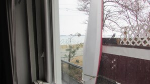 A window with a white blind partially drawn, a white object on the sill, and a view of a fenced area with trees and a body of water.
