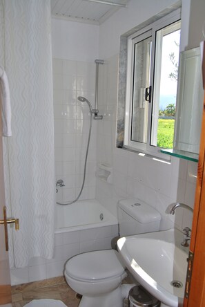 A bathroom with a shower, toilet, and sink.
