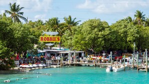 Una zona ribereña con un muelle, barcos y un restaurante llamado 'Robbie's'.