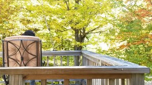 A wooden deck with a cushioned chair and a person sitting.