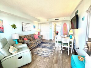 Smart TV, DVD player, books, music library