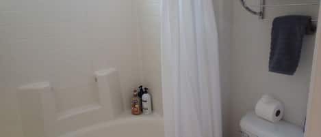 A bathroom with a bathtub, toilet, and shower curtain.