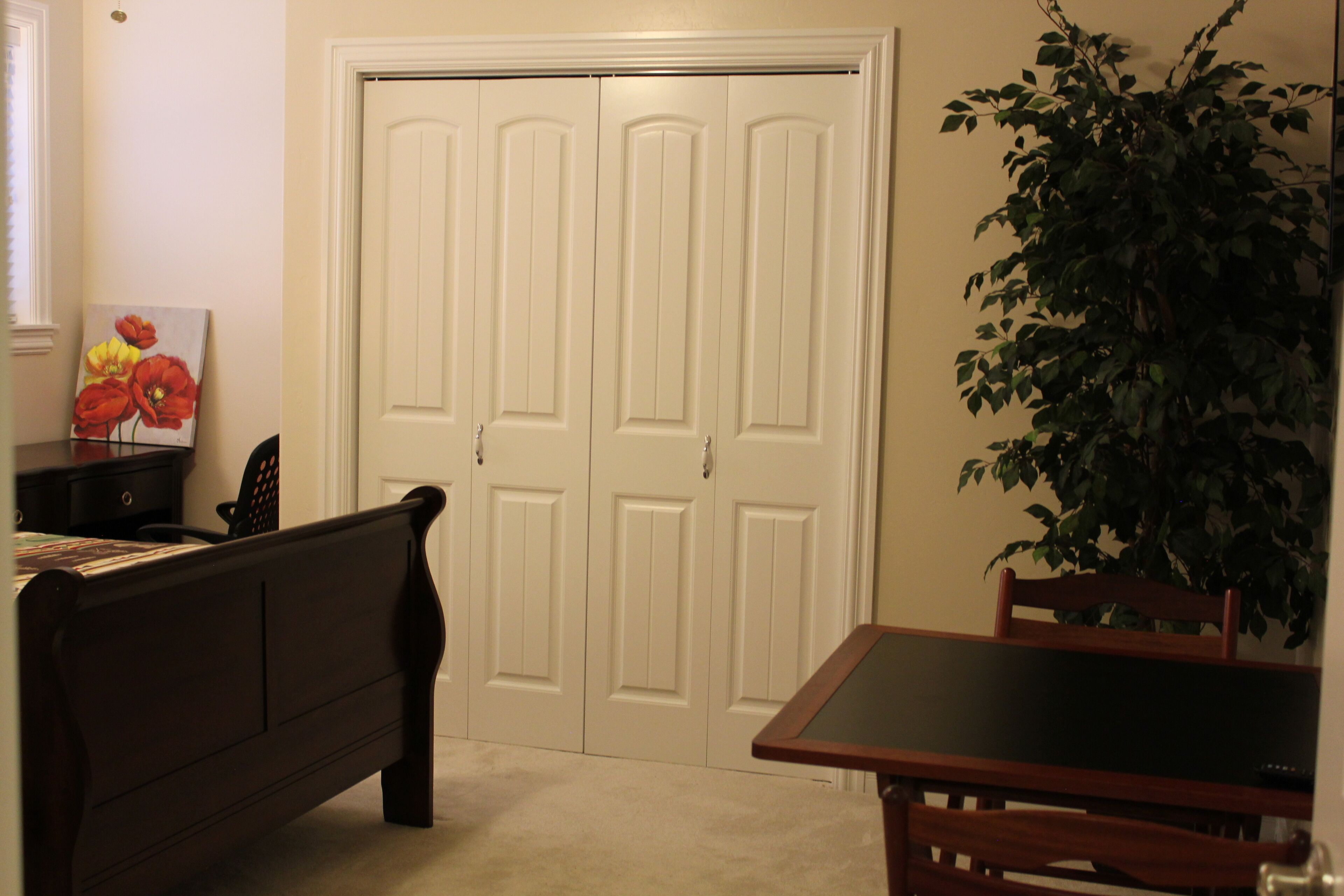 A bedroom with a bed, a desk, and a chair. There is a white door and a potted plant.