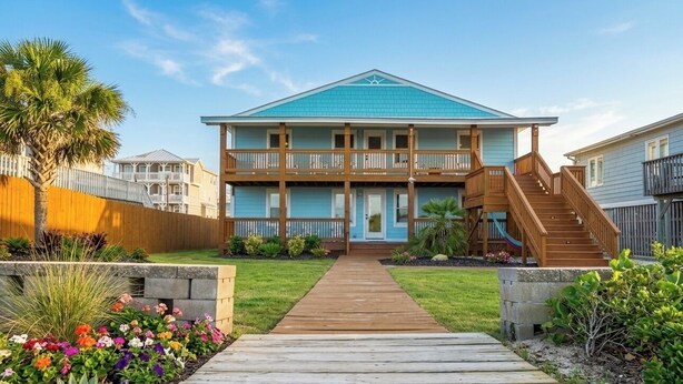 A two-story building with a wooden deck leading to the entrance, surrounded by a wooden fence and a variety of plants.