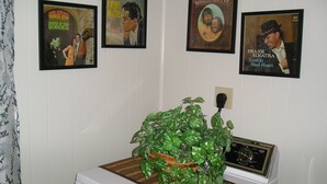 Un mur orné de disques encadrés et une plante posée sur une table.