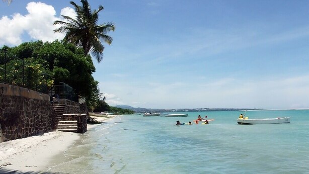 A beach with clear turquoise water, palm trees, and a stone wall.