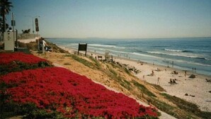 Una playa con flores rojas, un sendero arenoso y vistas al océano.