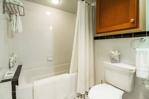 Combined shower/tub, hair dryer, towels, soap