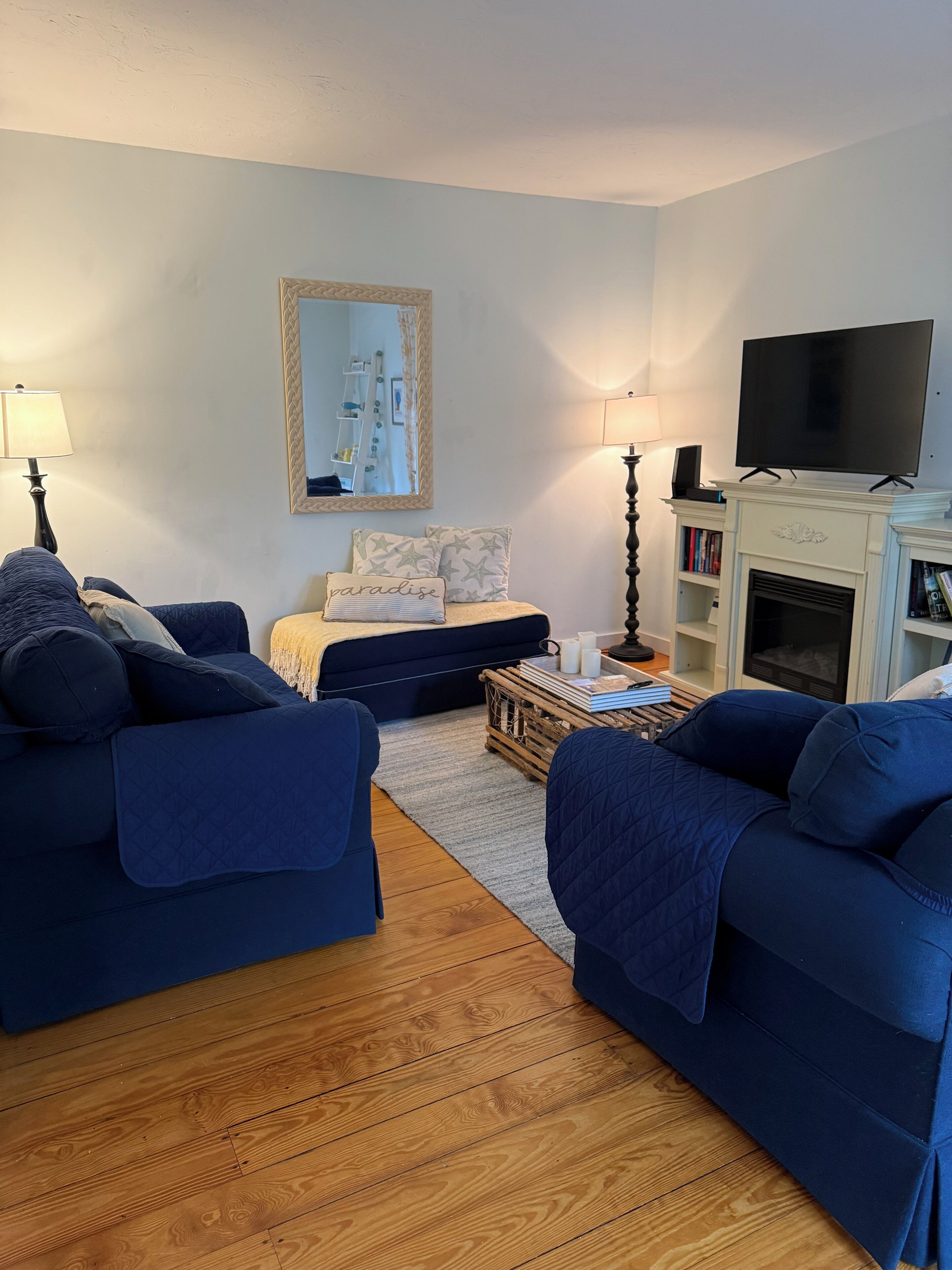 A living room with two blue sofas, a coffee table, a fireplace, a TV, and a bookshelf.