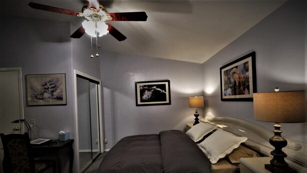 A bedroom with a bed, a desk, a chair, a ceiling fan, and framed pictures on the walls. - Secluded, Sunny Studio.  Fully Private: entrance, bath, bedroom, kitchen & Patio (Valley Stream)
