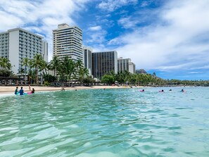A beach with clear turquoise water, palm trees, and high-rise buildings in the background. - Amazing Diamond Head and Ocean Views, Prime Location-Free High Speed Wifi (Honolulu)