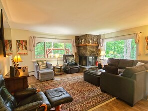 Smart TV, fireplace, books