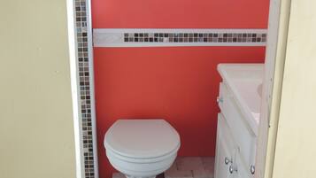 A small bathroom with a white toilet, a white sink, and a red wall.
