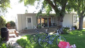 Et hus med en veranda, en cykel og en blomst.