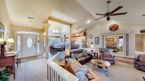 Smart TV, fireplace, video games, DVD player
