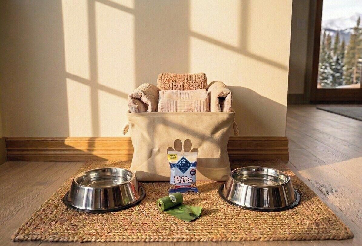 Un espace dédié à l’alimentation des animaux de compagnie, comprenant deux gamelles en métal, un sac de nourriture pour animaux et un tapis enroulé.