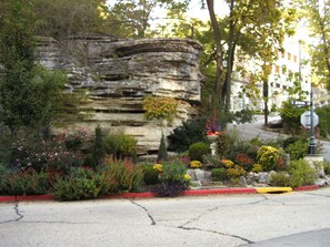 A landscaped garden with a rock formation, various plants, and a street sign.