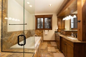 Shower, jetted tub, hair dryer, towels