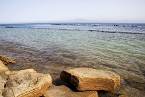 A rocky shoreline with clear water and distant mountains.