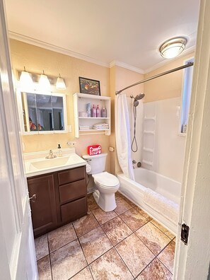 Combined shower/tub, hair dryer, towels, soap