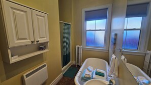 Hair dryer, towels, soap, shampoo