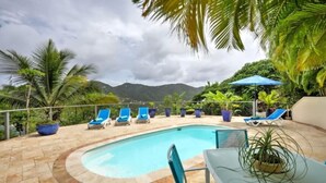 A swimming pool with lounge chairs, surrounded by palm trees and a mountainous backdrop. - Fantastic Panoramic Views of The British Virgin Islands, Amazing Sunrises, Pool  (Coral Bay)