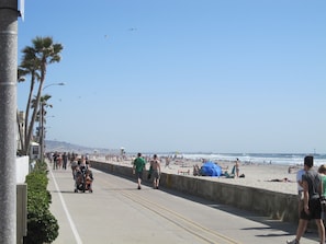 A beachside promenade with palm trees, a concrete barrier, and people walking.