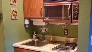 A compact kitchen with wooden cabinets, a built-in microwave, a stove, and a sink. - Make memories on Grand Traverse East Bay. (Williamsburg)