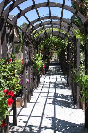 A covered garden pathway with a wooden trellis structure, surrounded by various plants and flowers. - Sunny's Garden Homestay (Taylorsville)