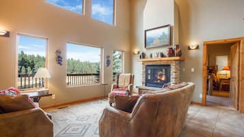 Smart TV, fireplace, DVD player, books