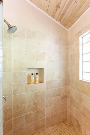 Shower, hair dryer, towels, soap