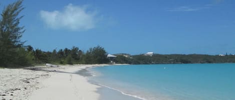 On the beach, sun-loungers, beach towels