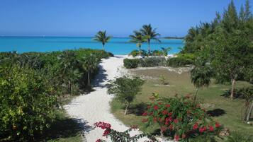 On the beach, sun loungers, beach towels