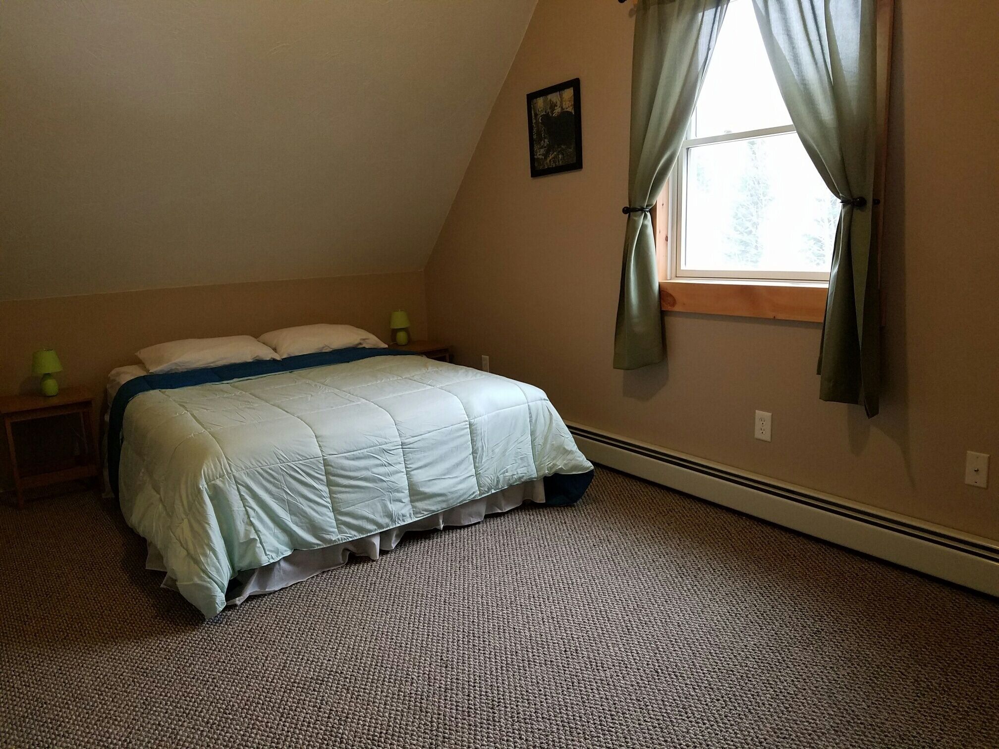 A bedroom with a bed, a nightstand, a window with curtains, a picture on the wall, and a carpeted floor.