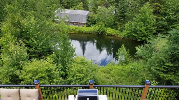 Una terraza con una parrilla, sillas de descanso y vistas a un lago rodeado de árboles.