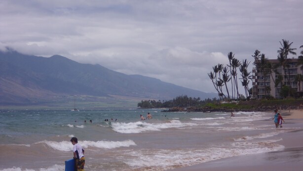 A beach with people swimming and walking along the shore, palm trees, and mountains in the background. - SALE! -- Best Location  &  Closest to the Beach - One Bedroom (kihei)