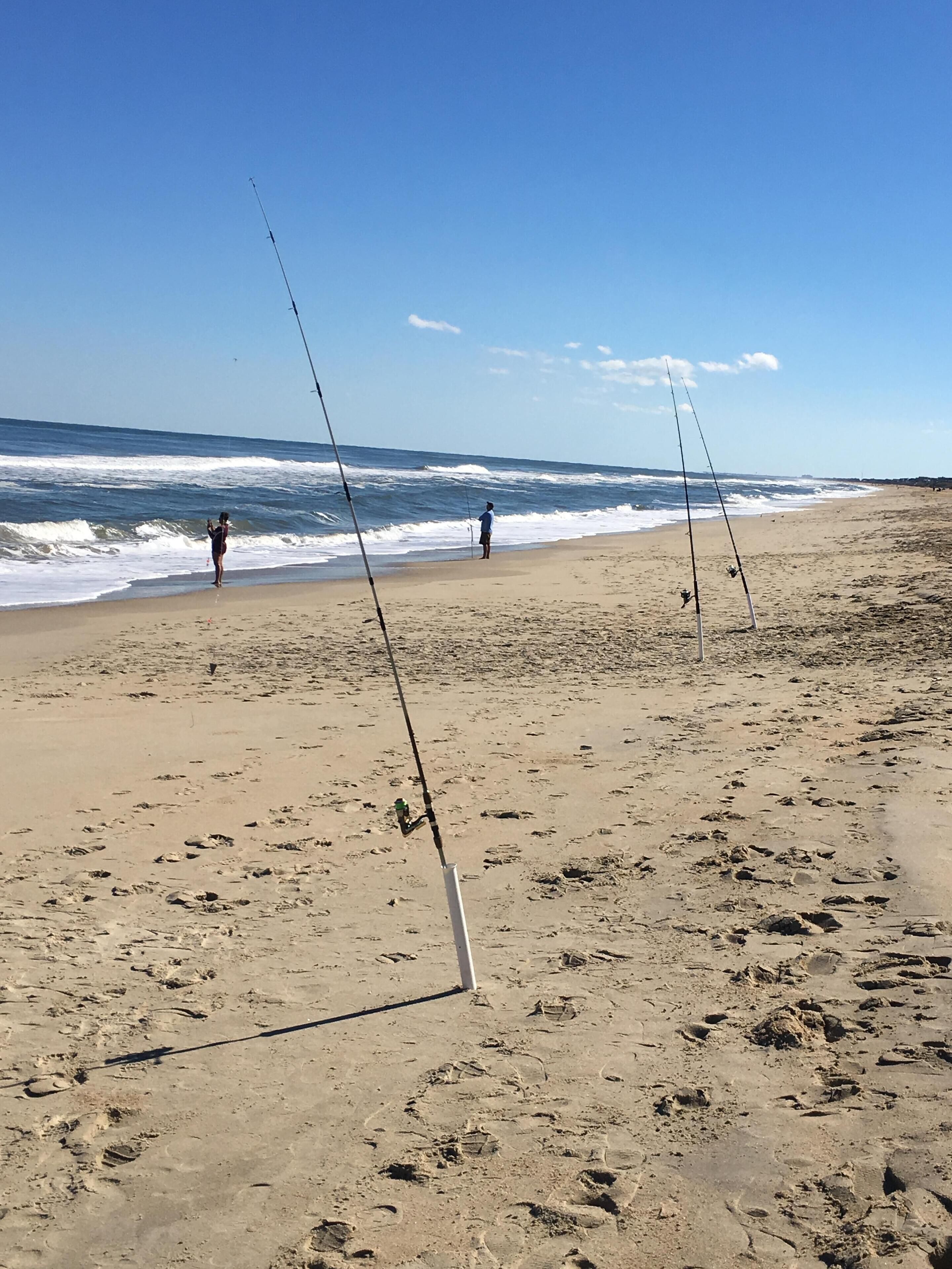 A beach with fishing rods set up on the sand.