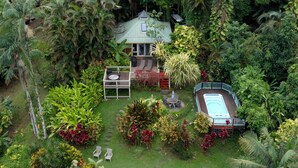 A house surrounded by lush greenery, with a swimming pool and a patio area. - Romantic Cottage, Private Acre of Paradise, View! Pool! (Hanalei)