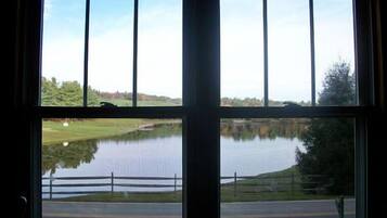 A room with a large window offering a view of a lake, a road, and a grassy area.