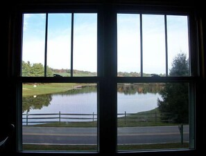 Quarto com uma grande janela que oferece vista para um lago, uma estrada e uma área gramada.