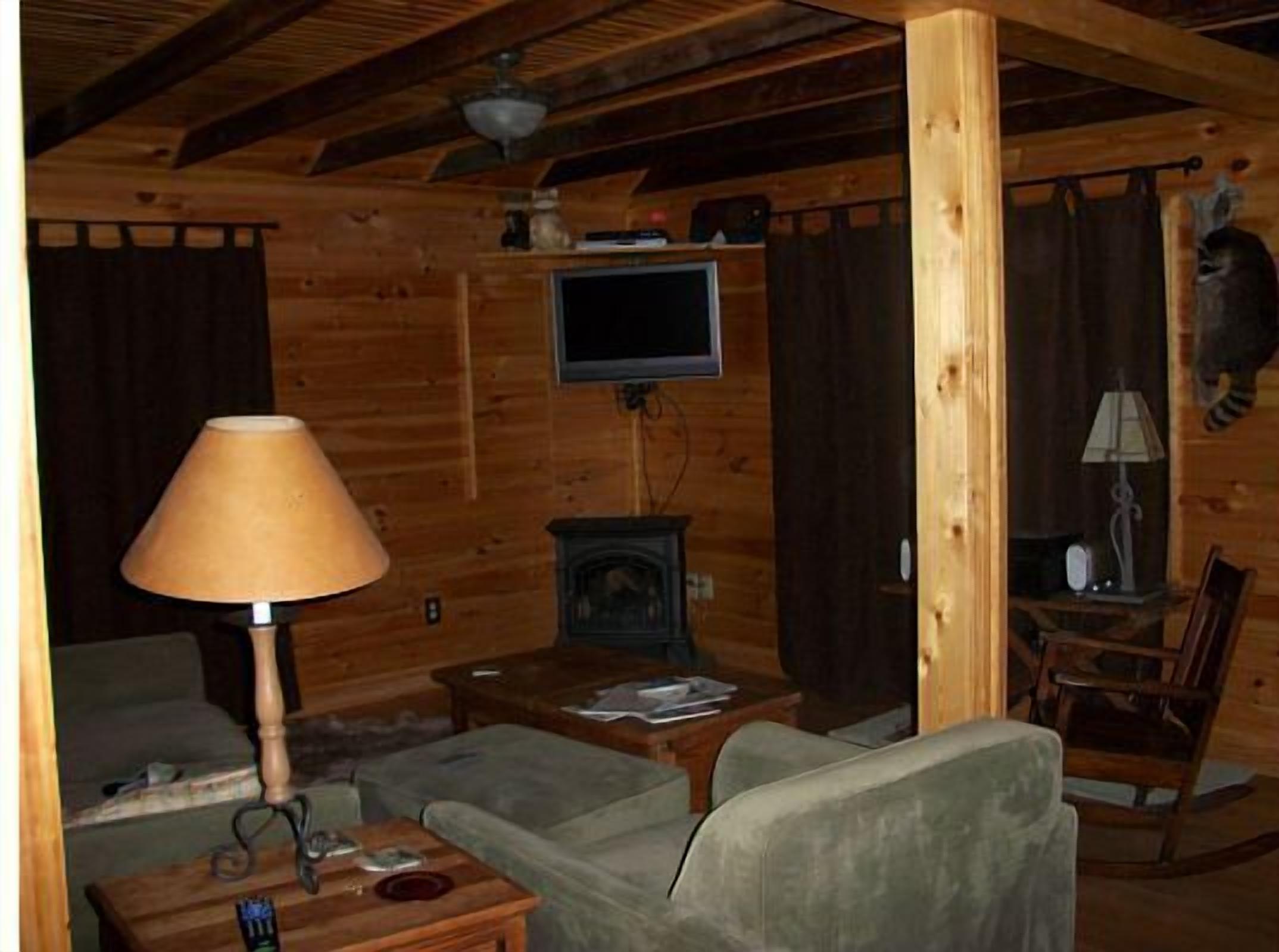 A wooden cabin interior with a television, a lamp, a fireplace, and a rocking chair.