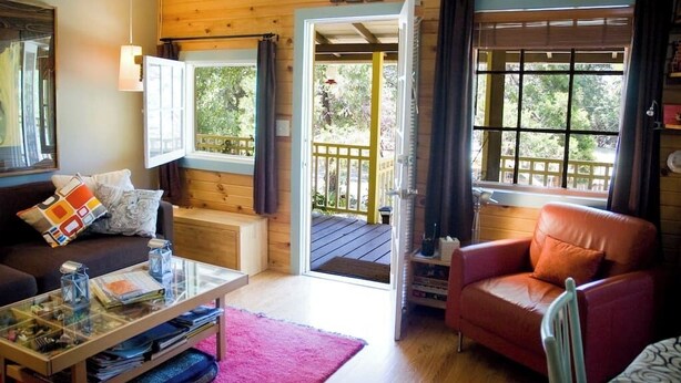 A cozy living room with a sofa, armchair, and coffee table, wooden walls, and large windows with curtains. - Fivespot Cabin, an art and nature lover's retreat (Pinehurst)