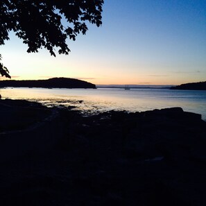 A coastal scene with rocky shores and calm water, a distant sailboat, and a tree silhouetted against the sky. - Falcon's Nest—Beautiful In-Town Bar Harbor Home, Walk to Downtown, Pet Friendly (Bar Harbor)