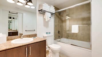 Bathtub, hair dryer, towels